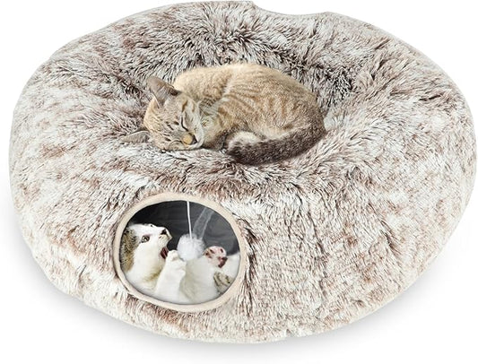 Plush Cat Tunnel Bed for Indoor Cats, Collapsible Cat Donut Tunnel with Central Mat, Fluffy Cat Cave Tube with Hanging Ball for Cat Kitten Rabbit Puppy Ferret, Coffee