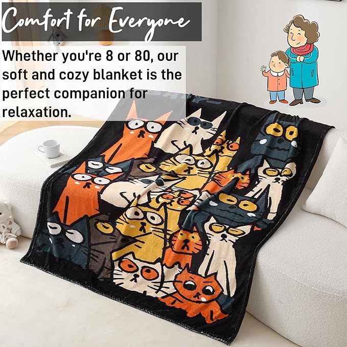 2025 Best Gift Cat Original Designer Throw Blanket, Warm Soft Cute Cat Lover Gifts for Women, Cat Mom Gifts for Cat Lovers, Funny Cat Themed Gifts Blanket for Kids, Birthday Christmas, Black