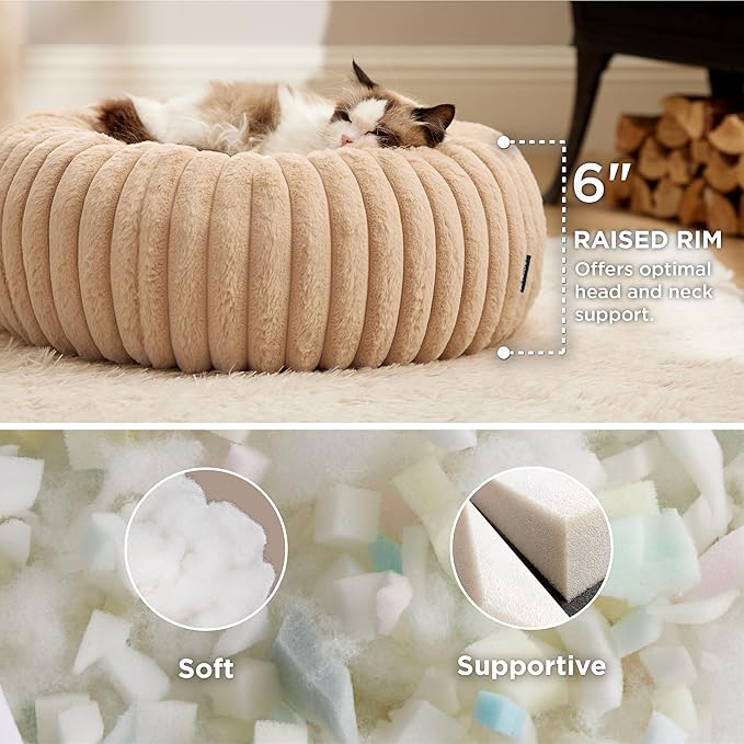 Bedsure Cat beds for Indoor Cats - Donut Dog Beds for Small Dogs with Corduroy Fleece & Anti Slip Bottom, Faux Fur Pet Beds with Washable Removable Cover, Sandy Tan, 20x20x6 inches