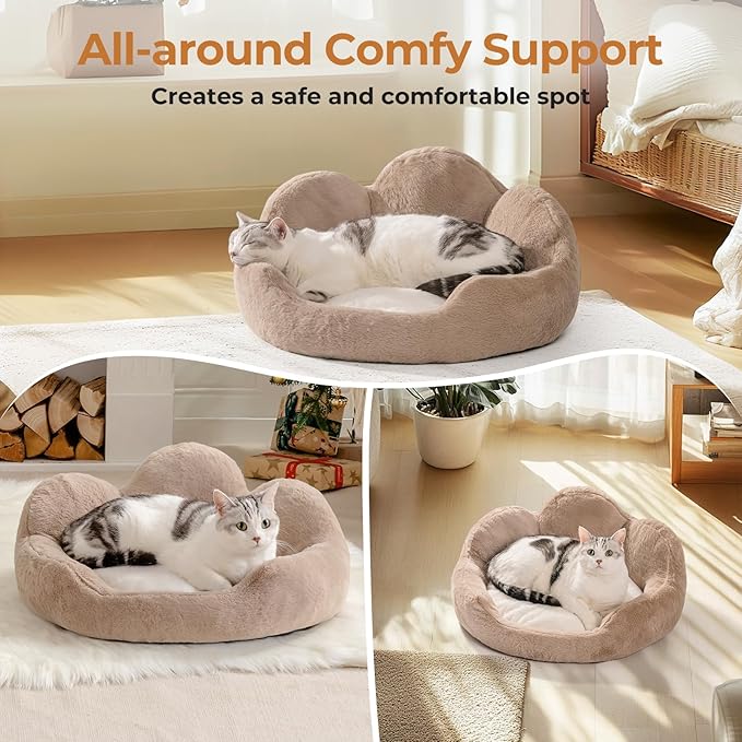 MEWOOFUN Cat Beds for Indoor Cats, Cozy Cute Cat Couch Bed Washable, Round Fluffy Small Dog Beds with Anti-Slip Bottom, Puppy Bed for Small Animals (Khaki, 23")
