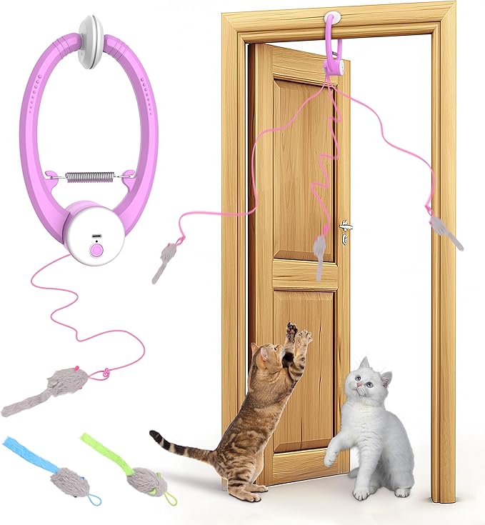Interactive Cat Feather Toys, Retractable Teaser Toy, Hanging Interactive Toys for Indoor Cats Kitten Play Chase Exercise, Automatic Kitten Mental Exercise Toys, with Three Mice Plush Toy