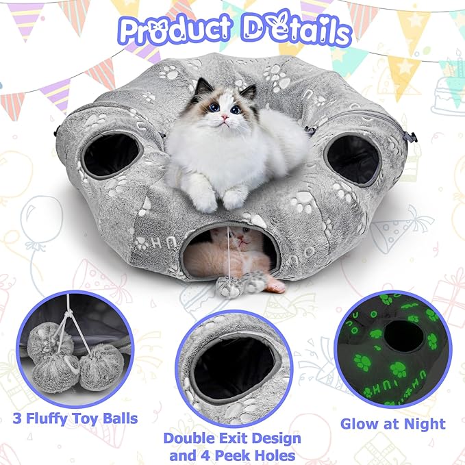 Interactive Cat Toys with Cat Tunnel Bed, Bite Resistant Catnip Toy, Feather Toys, Catnip Balls and Fish, Cat Toys for Indoor Cats, A Birthday Gift for Cats