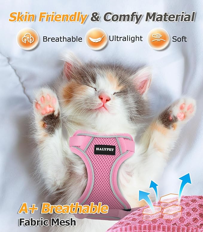Halypet Cat Harness and Leash Set [MAX Safety 4th-Gen Upgrade] Escape Proof Adjustable Cat Leash Comfortable Soft Vest Easy to Wear Kitten Harness with Reflective Strip for Cats Walking, S Pink