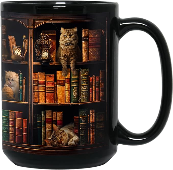 2IMT Cat Book Mug Book Lovers Gifts for Readers - Book Lover Bookish Gifts for Bookworm Women - Library Bookshelf Mug - Best Gift for Cat Lover - Reading Writer Women Black Coffee Cup 15oz