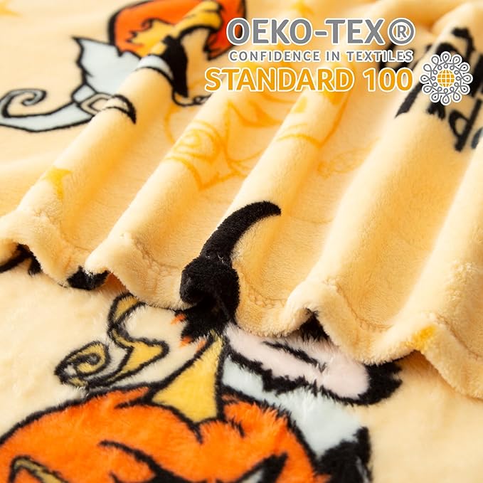 Pumpkin Reversible Fleece Throw Blanket, 50' x 70', Happy Halloween Print, 320 GSM Super Soft Warm Cozy Blanket for Couch Sofa, Orange Home Decor