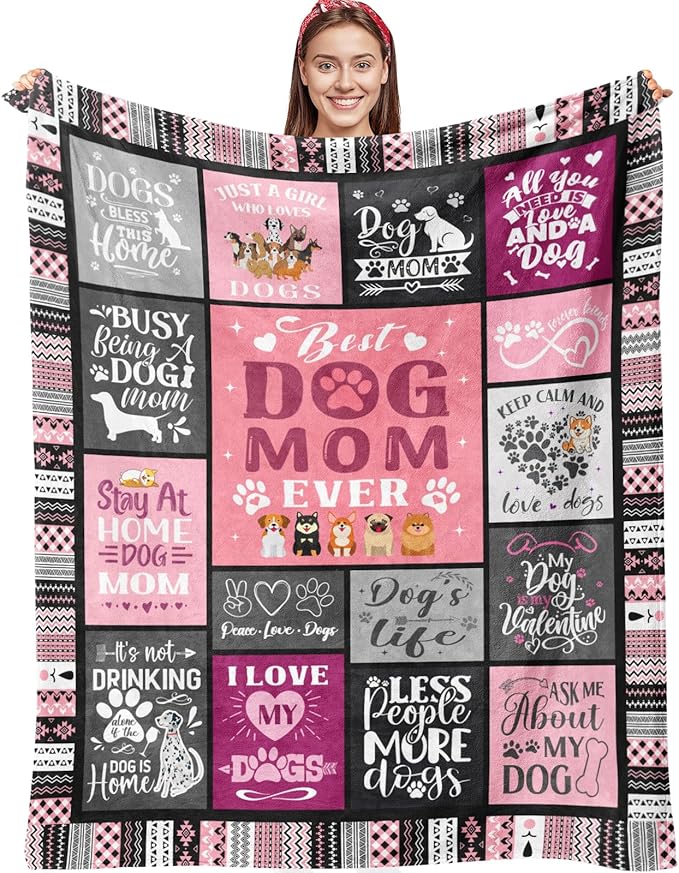 Dog Mom Blanket Gifts for Women Girls Soft Flannel Dog Throw Blanket Best Dogs Mom Ever Blankets Gifts for Adults Birthday Home Decor 80"x60"