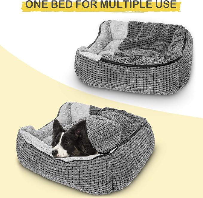 GASUR Dog Beds for Large Medium Small Dogs, Rectangle Cave Hooded Blanket Puppy Bed, Luxury Anti-Anxiety Orthopedic Cat Beds for Indoor Cats, Warmth and Machine Washable (35 inches, Grey)