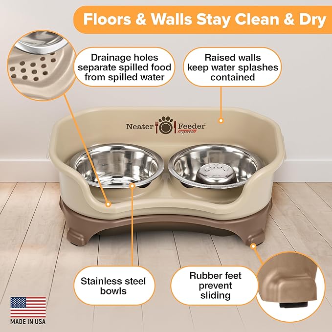 Neater Feeder Express Mess Proof Dog Bowls Elevated for Small Breed – Made in USA – No Spill Raised Slow Feeder Elevated Dog Bowl Stand, Stainless Steel Food and Water Bowl Set, Cappuccino