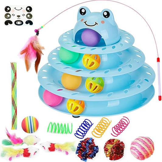 Suhaco Interactive Cat Toys for Indoor Cats Pack of 17 Fun Roller 4 Level Cat Tower with Cute Stickers Turntable Kittens Ball Teaser Toy (Blue 17 Pcs)