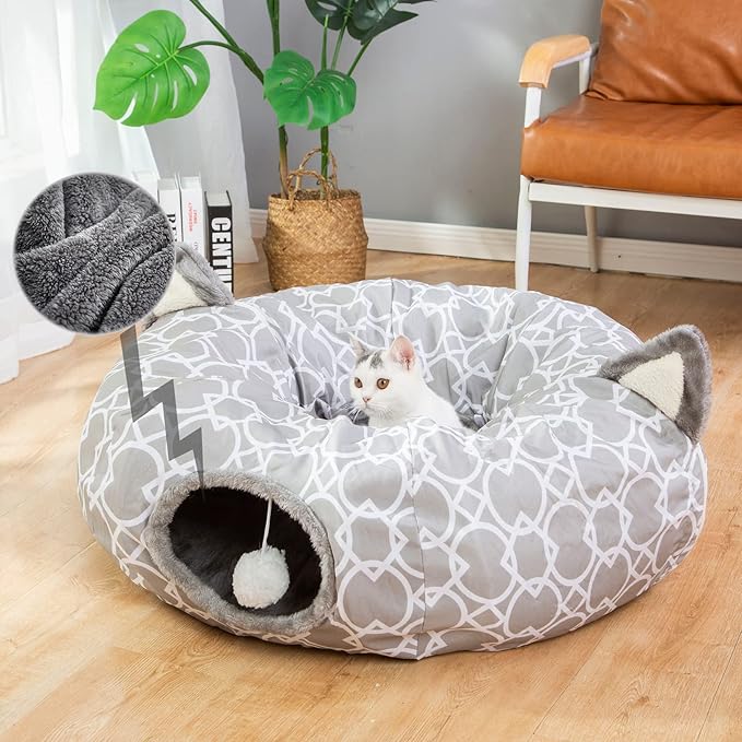 LUCKITTY Geometric Cat Tunnel Bed Oxford Outside with Plush Inside,Cats Toys Collapsible Tunnel Tube with Balls, for Rabbits, Kittens, Ferrets,Puppy 3FT