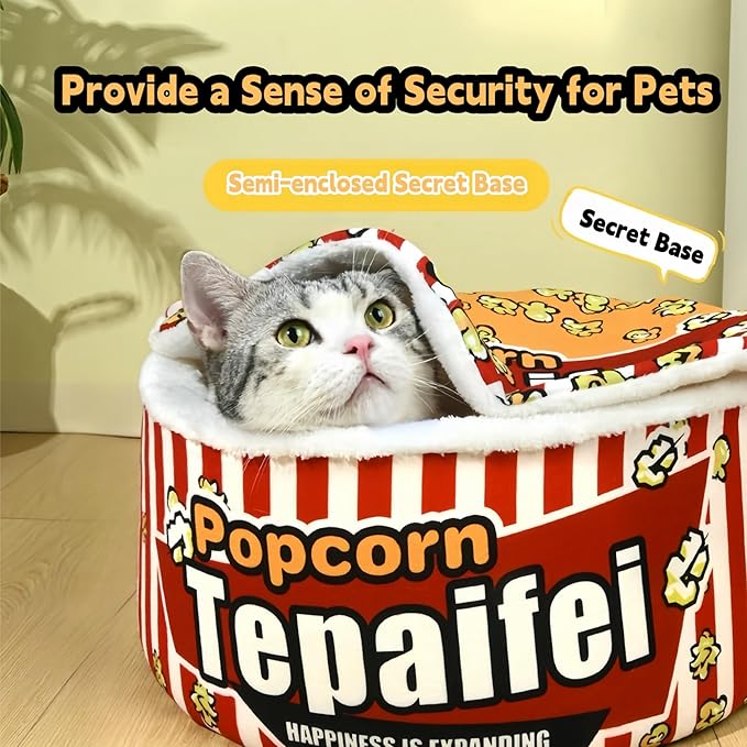 Popcorn Dog and Cat Bed - Warm Cat House for Indoor Cats, Ultra Soft Calming Dog Bed with Removable Washable Cushion for Small, Medium, and Large Dogs and Cats -Cream