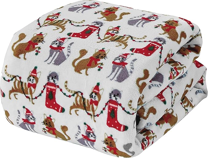 Elegant Comfort Velvet Touch Ultra Plush Christmas Holiday Printed Fleece Throw/Blanket-50 x 60inch, (White Christmas Cats)