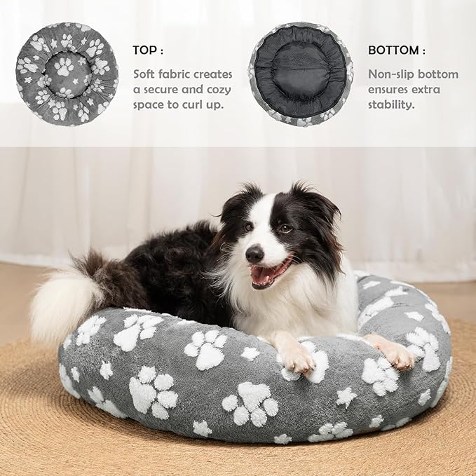 Donut Dog Beds for Medium Dogs, Calming Round Cat Beds for Indoor Cats, Cute 3D Textured Paw Pet Bed with Removable Washable Cover and Anti-Slip Bottom（Grey，30"）