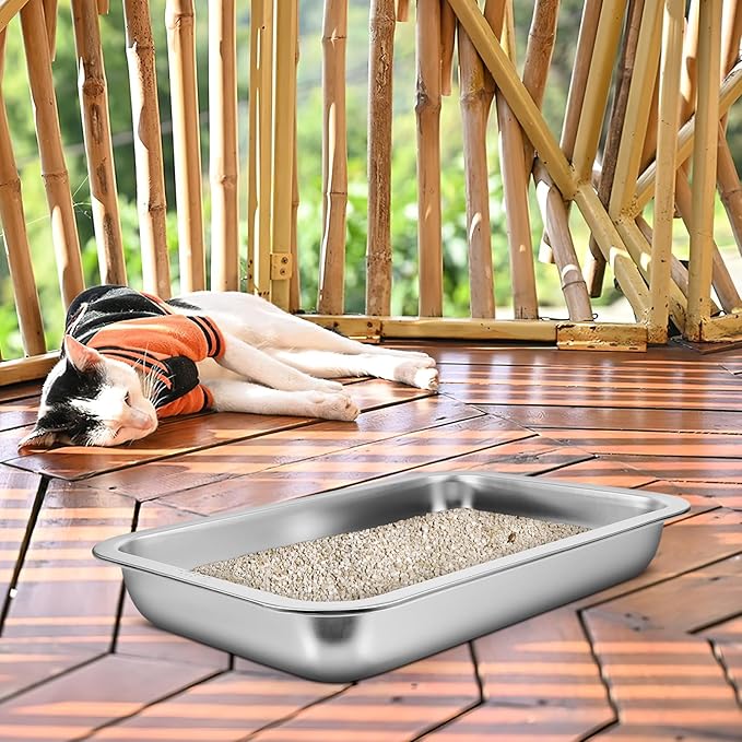 Balacoo Stainless Steel Cat Litter Box- Low Entry Litter Box for Small Cats Hamster Rabbits, Small Open Nonstick Metal Kitten Litter Tray, 31.50X21.50X4.50CM, Silver