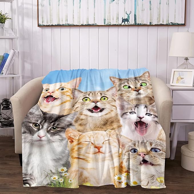 Cartoon Selfie Cat Flannel Fleece Bed Blanket, Kitten Fleece Throw Blanket for Cat Lovers, Cat Blankets for Women, Men and Kids Super Soft Plush Cat Blanket Throw for Sofa Couch Bedroom(60" X 80")