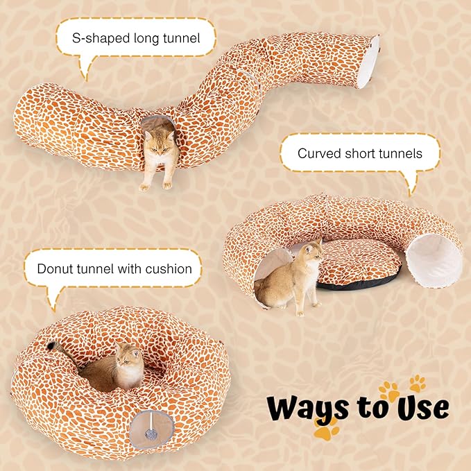 Avont Cat Tunnel Bed with Central Washable Cushion - Large Cat Tunnel Tube Toys 3 Shape to Play for Indoor Cats Kittens Puppies Ferret, Round Plush Fluffy Cat Bed with Tunnels -Giraffe