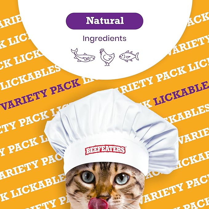 Beefeaters Cat Treats - Variety Pack Lickable Puree 1.59oz, Case of 12 | Cat Food Salmon, Tuna, Chicken | Grain-Free, Taurine-Enriched | Training Treats - Interactive Feeding | Wet/Dry Food