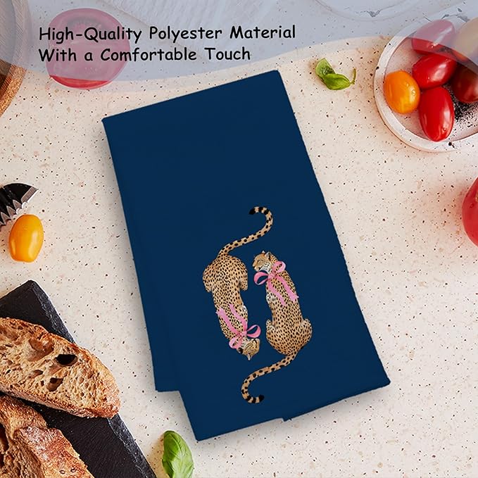 Coquette Pink Bow Two Cheetah Kitchen Towels, Navy Blue Leopard Hand Towels for Bathroom Kitchen, Trendy Preppy Leopard Decorative Dish Towels Drying Cloth, 16x24 Inch