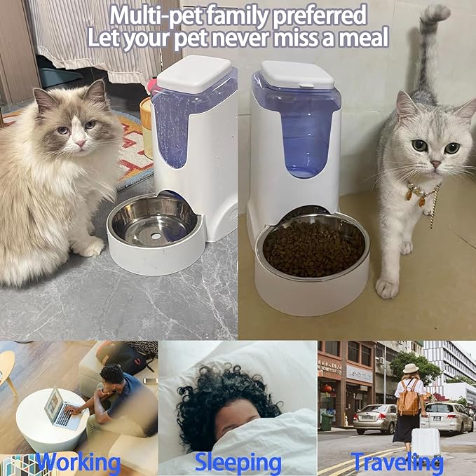 Hamiledyi Pets Automatic Gravity Feeder Dogs 2.8L Food & 4L Water Dispenser Set with Stainless Steel Bowl for Medium Big Dog Cat (White)