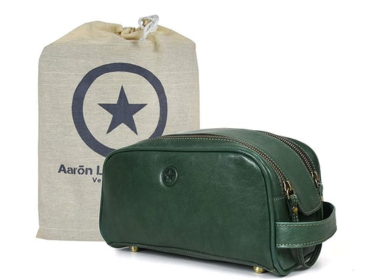 10" Premium Leather Toiletry Travel Pouch With Waterproof Lining | King-Size Handcrafted Vintage Dopp - Kit ~ Gift for Father's Day By Aaron Leather Goods (Basil Green)