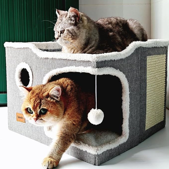 Large Cat Bed for Indoor Cats, Foldable Adult Cat Cave Anti Anxiety Cat House Cube with Scratch Pad Cat Towers, Cute Kitten Condo Hideaway Hut with Soft Pillow Mat for 2 Pets Under 30 lbs
