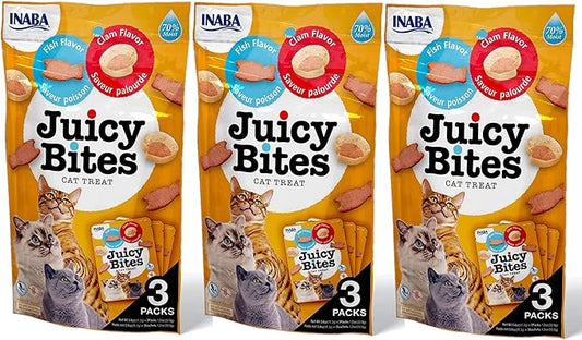 INABA Juicy Bites Grain-Free, Soft, Moist, Chewy Cat Treats with Vitamin E and Green Tea Extract, 0.4 Ounces per Pouch, 9 Pouches (3 per Pouch), Fish and Clam Flavor