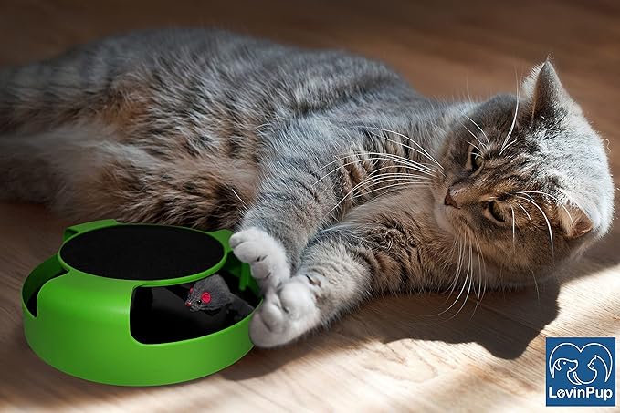 Interactive Cat Scratcher Toy with Spinning Mouse Toy for Cats, Toy with Scratching Board and Running Mouse, Fun Cat Stimulating Toy, No Batteries Required. Endless Fun for Your Kitties