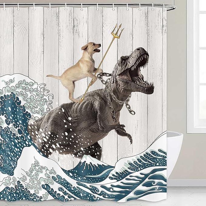 Boziqr Funny Dog Shower Curtain, Japanese Ocean Wave Dinosaur Rustic Barn Door Decor Fabric Bathroom Curtains Set, Cute Animal Kids Polyester Fabric Waterproof, 70 X 70 Inches