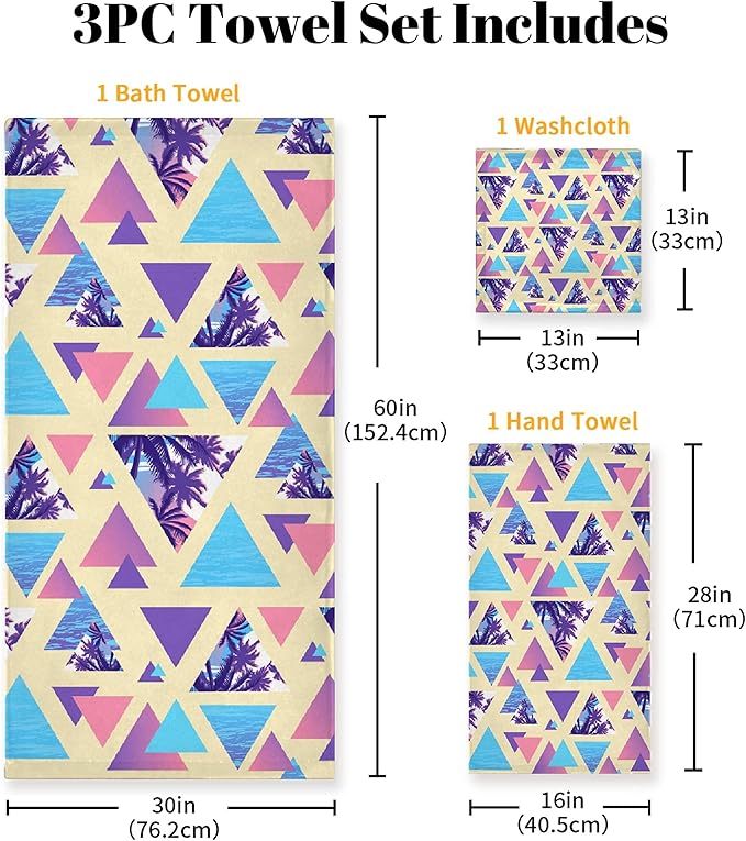 Summer 3 Piece Towel Bathroom Sets, 1 Bath Towel, 1 Washcloth, 1 Hand Towel, Cotton Fast Dry Soft Absorbent Towel Set for Home Kitchen Family