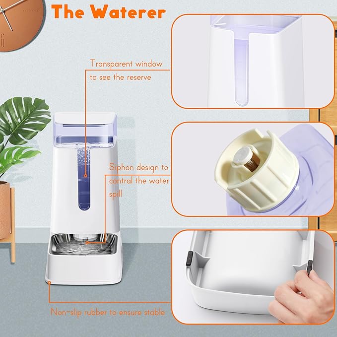 Cat Food Dispenser and Cat Water Dispenser Set with Stainless Steel Bowls Gravity Dog Feeder for Small Medium Big Cat Dog Pet Puppy Kitten, 1 Gallon x 2