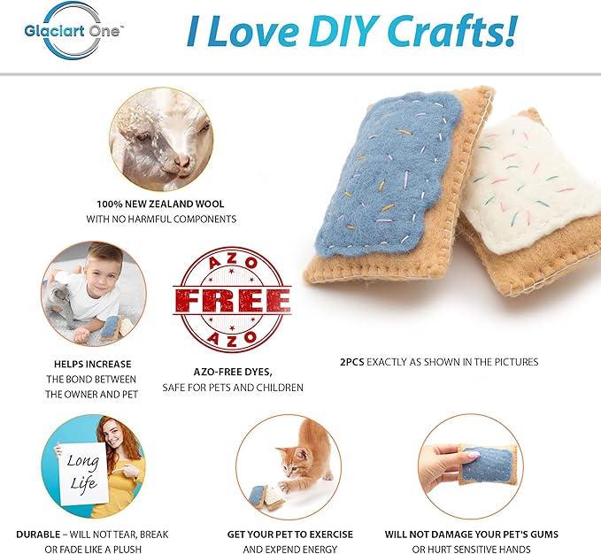 Glaciart One Wool Pop Tart Cat Toy Set with Catnip (2PCS) | Cute Cat Toy for Interaction & Boredom Relief, Encourages Cats to Exercise & Play | Filled w/Organic Catnip to Help Sooth or Reduce Anxiety