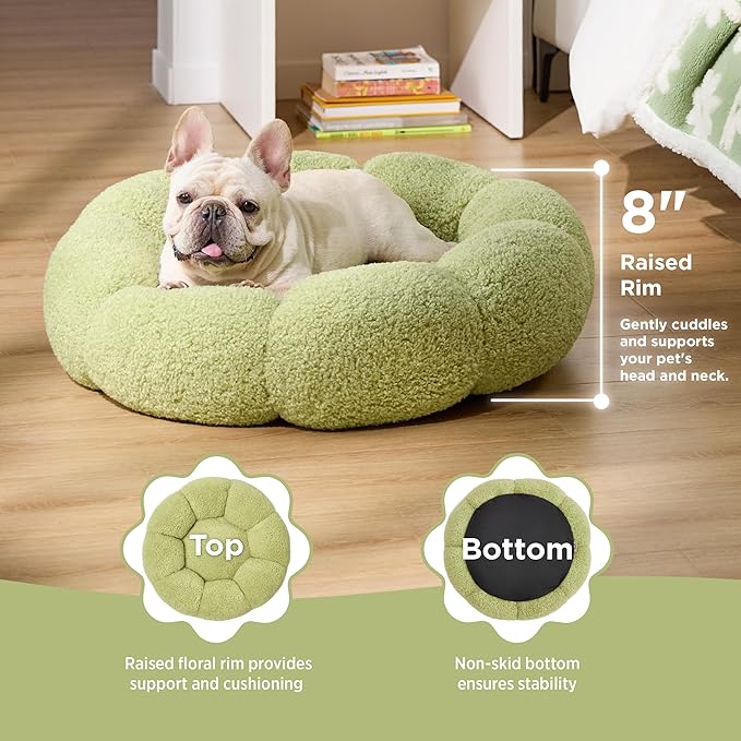 Lesure Calming Medium Dog Bed - Flower Donut Round Fluffy Puppy Bed in Plush Teddy Sherpa, Non-Slip Cute Flower Cat Beds for Indoor Cats, Medium Pet Bed Fits up to 45 lbs, Machine Washable, Green 30"