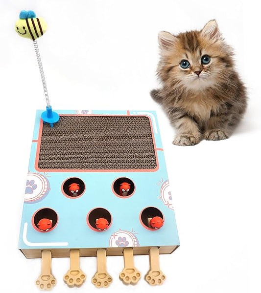 Cat Enrichment Toys,Interactive Whack a Mole Game, Scratching Pad, and Cardboard Box for Indoor Cats Cat Whack a mole Toy with cat Scratching pad,Cat Scratching Post