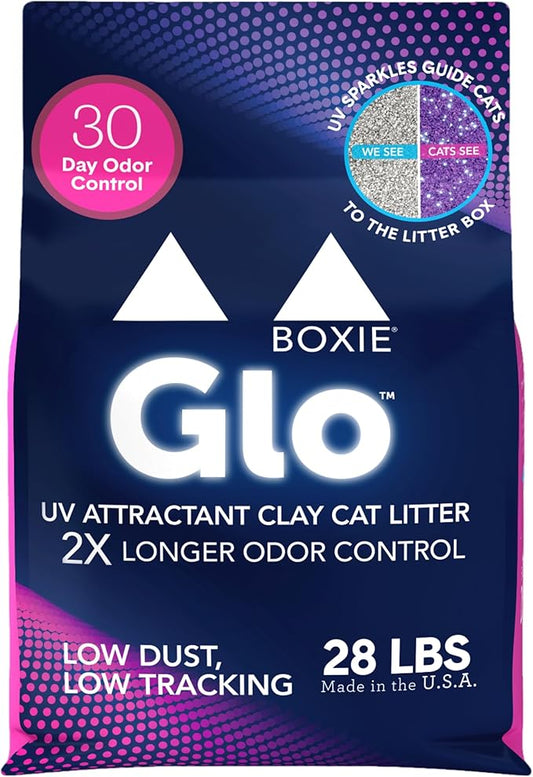 Boxie® Glo™ 30 Day Odor Control Clumping Clay Cat Litter, 28lb, Multi-Cat, 99.9% Dust-Free, Low Tracking, UV Light Attractant, Superior Clumping for Easy Scooping