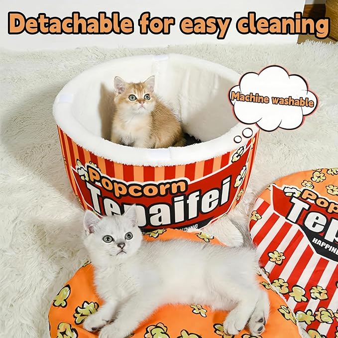 Popcorn Dog and Cat Bed - Warm Cat House for Indoor Cats, Ultra Soft Calming Dog Bed with Removable Washable Cushion for Small, Medium, and Large Dogs and Cats - Cheese