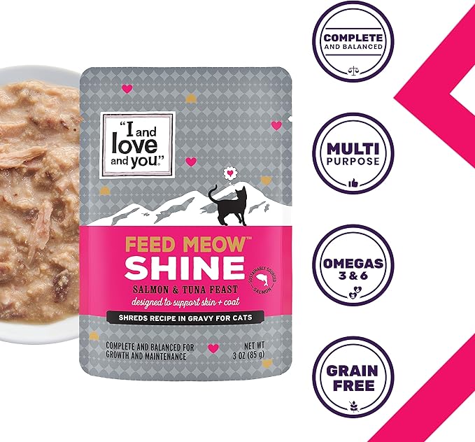 I AND LOVE AND YOU Feed Meow Shine Wet Cat Food - Salmon + Tuna - Coat and Skin Support, Grain Free, Shreeded, No Fillers, 3oz Pack of 12