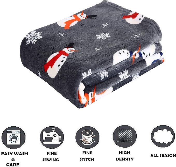 Elegant Comfort Luxury Velvet Super Soft Christmas Prints Fleece Blanket-Holiday Theme Home Décor Fuzzy Warm and Cozy Throws for Winter Bedding, Couch and Gift, 50 x 60 inch, Snowman Flake Gray