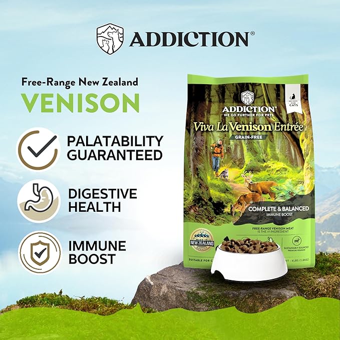 Addiction Viva Venison Cat Grain Free Dry Cat Food Complete Balanced Recipe for Healthy Digestion Crafted in New Zealand 4lb - 4 Packs