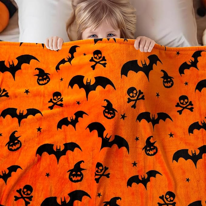 Ghost Halloween Blanket 50” x 70” Reversible Pumpkin Print Fleece Throw Blanket, 320 GSM Surper Soft Warm Cozy Fall Blanket for Couch Sofa Bed, Halloween Harvest Gifts and Home Decor