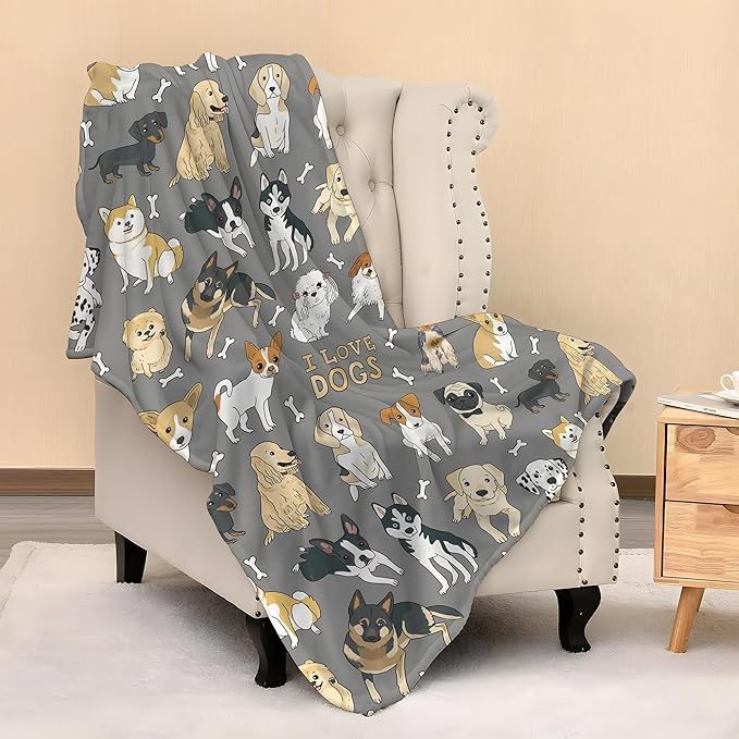 Cute Kids Dogs Puppies Print Blanket Throw 50"x40", Plush Flannel Blankets with Dogs on It, Gifts for Boys Girls Dog Lovers People