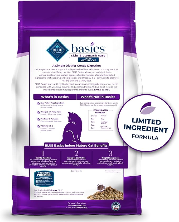 Blue Buffalo Basics Grain-Free Dry Cat Food, Skin & Stomach Care, Limited Ingredient Diet for Mature Indoor Cats, Turkey & Potato Recipe, 11-lb. Bag