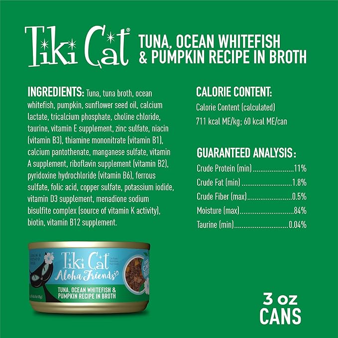 Tiki Cat Aloha Friends, Tuna, Ocean Whitefish & Pumpkin, Grain-Free & High Moisture, Wet Cat Food for All Life Stages 3 oz. Cans (Pack of 12)