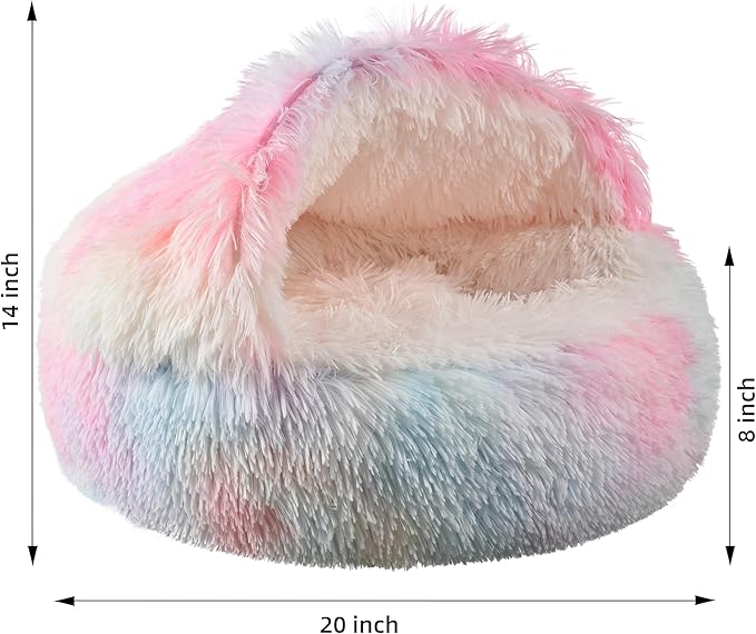 Something Different Cat Bed Round Plush Fluffy Hooded Calming Cat Bed Cave for Dogs&Cats,Self Warming pet Bed with Non-collapsed Cover for Indoor Cats or Small Dogs,Machine Washable,20in,Rainbow