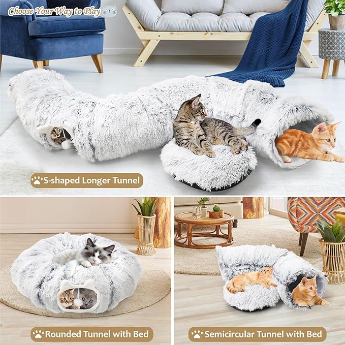 Cat Tunnel Bed for Indoor Cats, Soft Cute Cat Donut Tunnel with Washable Circle Cushion, Under Christmas Tree Plush Peekaboo Cat Cave, Round Pet Play Tunnel Toy for Kitten/Rabbit/Puppy