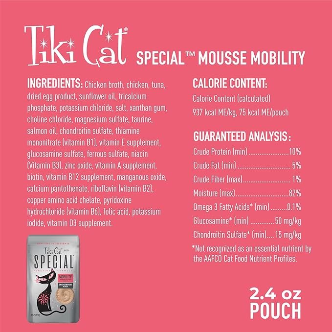 Tiki Cat Special Mobility Mousse, Chicken & Tuna Recipe in Broth, Formulated to Support Healthy Joints, Functional Wet Cat Food, 2.4 oz. Pouches (12 Count)