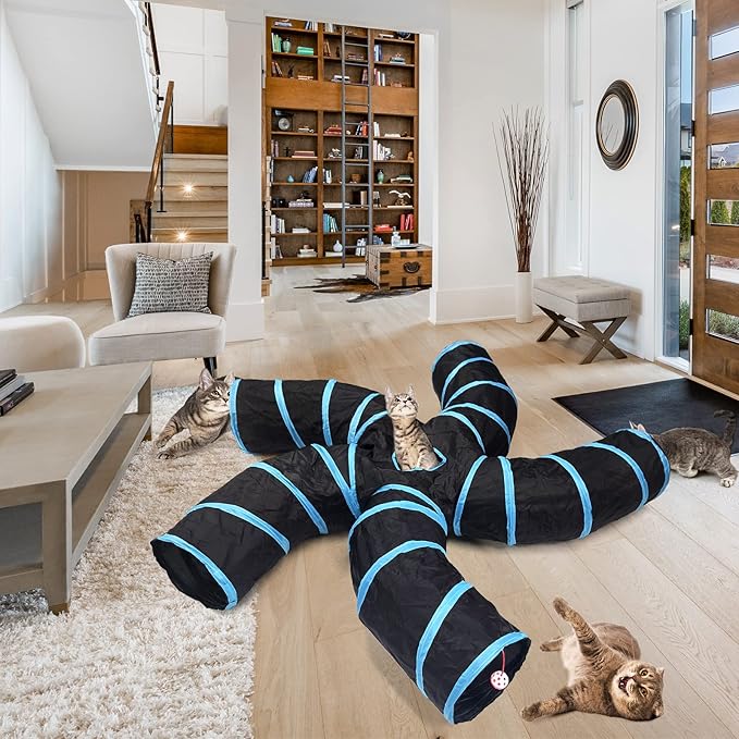 Bemodst Cat Tunnel for Indoor Cats, 2 Way/3 Way/4 Way/5 Way Cat Tubes and Tunnels Collapsible S-Shape Small Animal Tubes Kitty Tunnels Interactive Maze Cat Toy for Kitten Rabbit Ferret - 5 Way