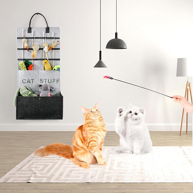 MABOZOO Cat Toy Storage Organizer for Wand Toys,Durable Pet Storage Box with Handle Cat Feather Toy Storage Hanging Bag for Neatly Organizing Teaser Wand Toys（Dark Grey）