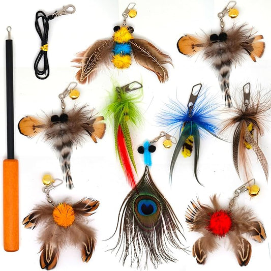 Interactive Cat Toys - 10 PCS Cat Retractable Wand Toy and Feather Toys Refills, Cat Enrichment Toys for Indoor Cats,Feather Cat Toys on a Stick,Cat Toy Small Feather Insects