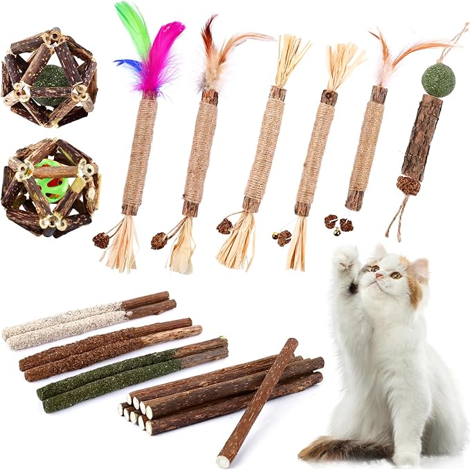 Catnip Chew Toys for Cats,24 Pack Silvervine Cat Toy,Cat Natural Silvervine Sticks,Natural Silvervine Stick Cage Balls & Bell Balls for Indoor Cats.