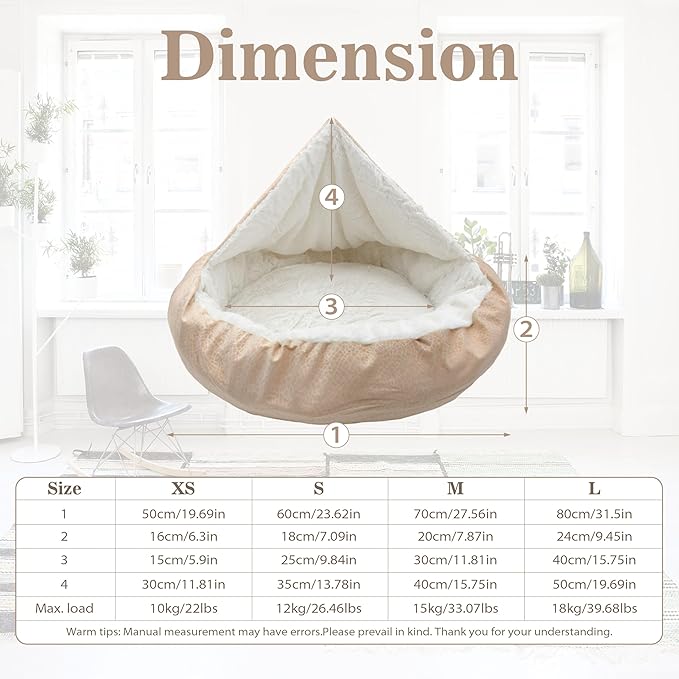 Dog Bed Warm with Hooded Blanket, Anti-Anxiety Puppy Pet Bed Cave Super Soft, Non-Slip Bottom, Machine Washable, Cozy Donut Indoor Pet Beds Fluffy for Dogs and Cats, Fits up to 26.5lbs, 23.6inch Beige
